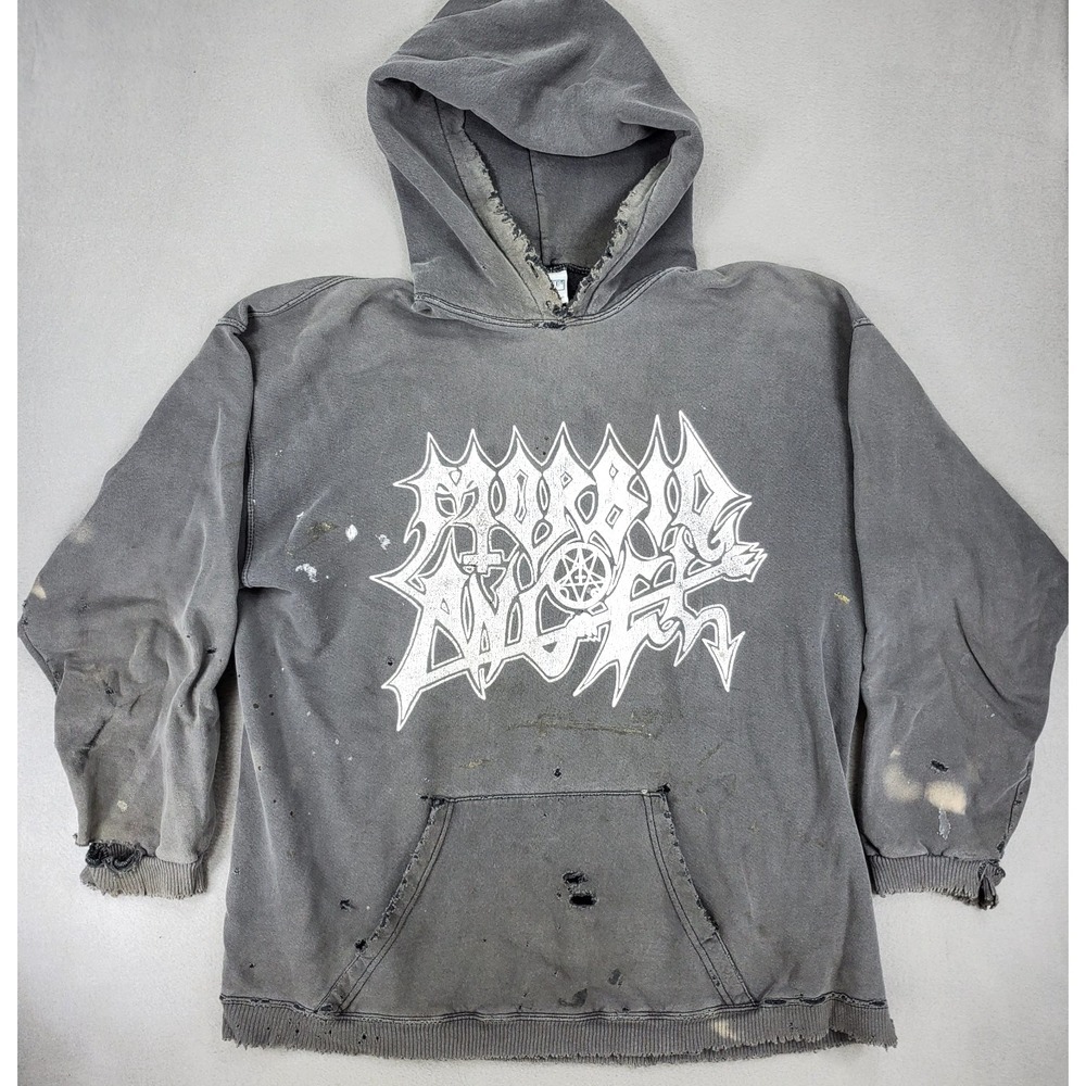 Vintage Morbid Angel Hoodie Mens XL Trashed Gray Sweatshirt Skull 90s Band USA